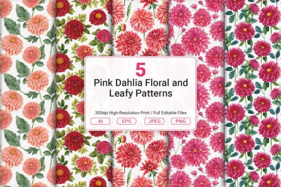 Elevate Your Designs with the Enchanting Beauty of Our Pink Dahlia Floral and Leafy Patterns
