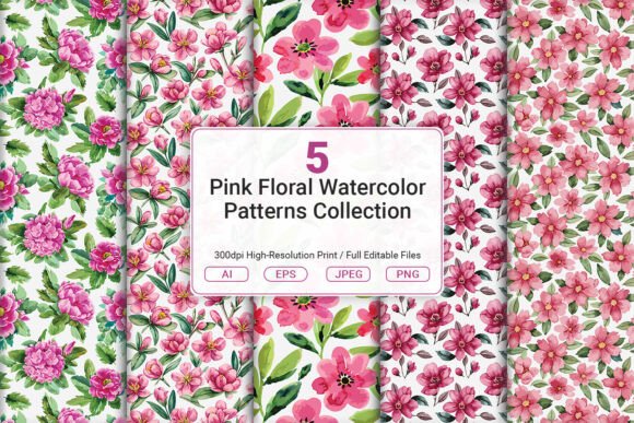 Pink Floral Watercolor Patterns Set