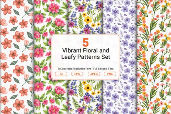 Vibrant Floral and Leafy Patterns Set for Creative Projects